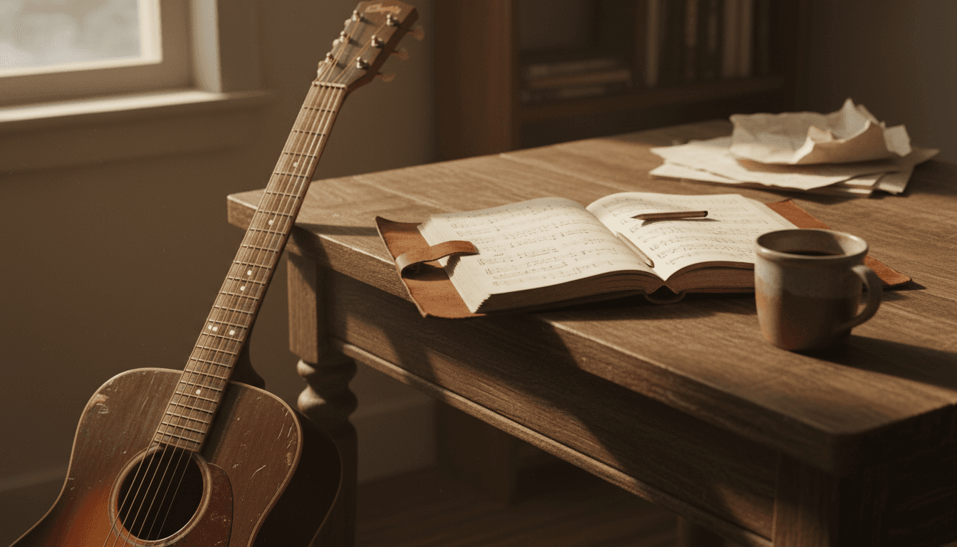 Notebook and guitar in a dimly lit room, capturing a songwriter's creative space