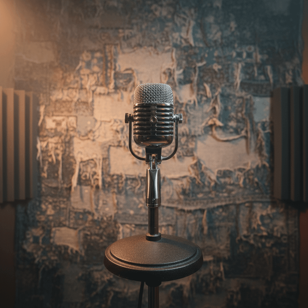 A vintage microphone set up against a carpeted wall in a small studio