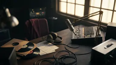 Dimly lit studio desk featuring a microphone, headphones, vinyl records, and a mixing console.
