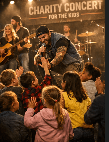 A band performs at a charity concert while the lead singer high-fives excited children.